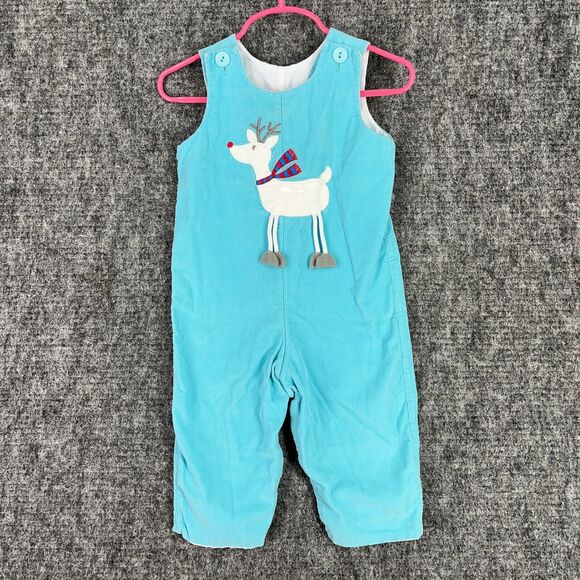 Mulberry St One Piece Baby Girl 18M‎ Blue Corduroy Christmas Reindeer Overalls - Picture 1 of 7